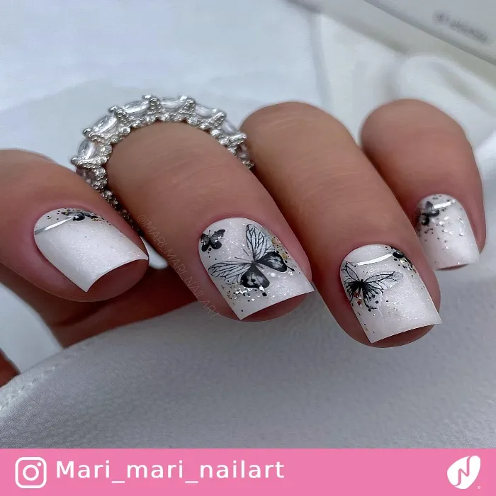 Milky White Nails with Butterflies